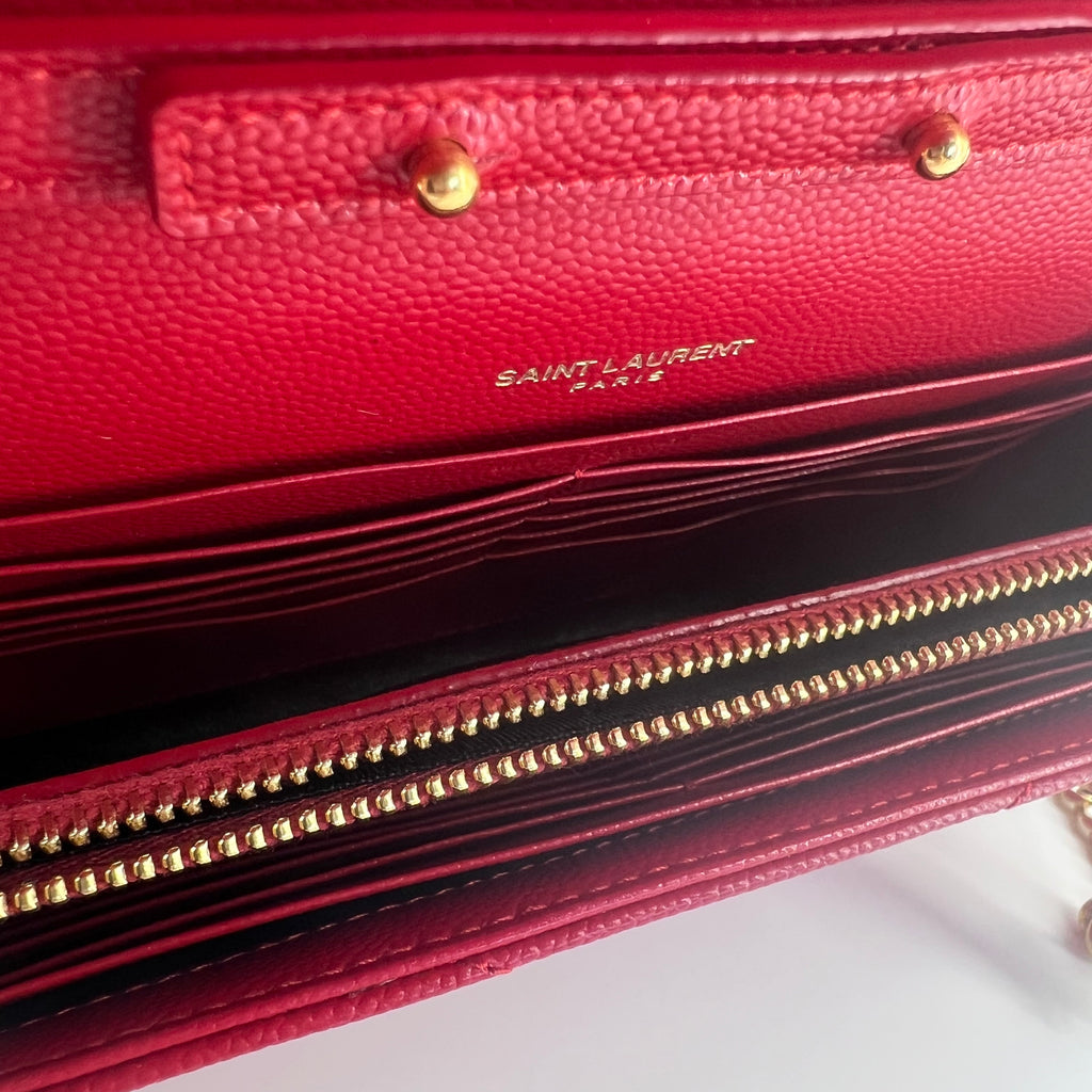 Grain De Poudre Matelasse Chevron Monogram Envelope Chain Wallet Red Twins