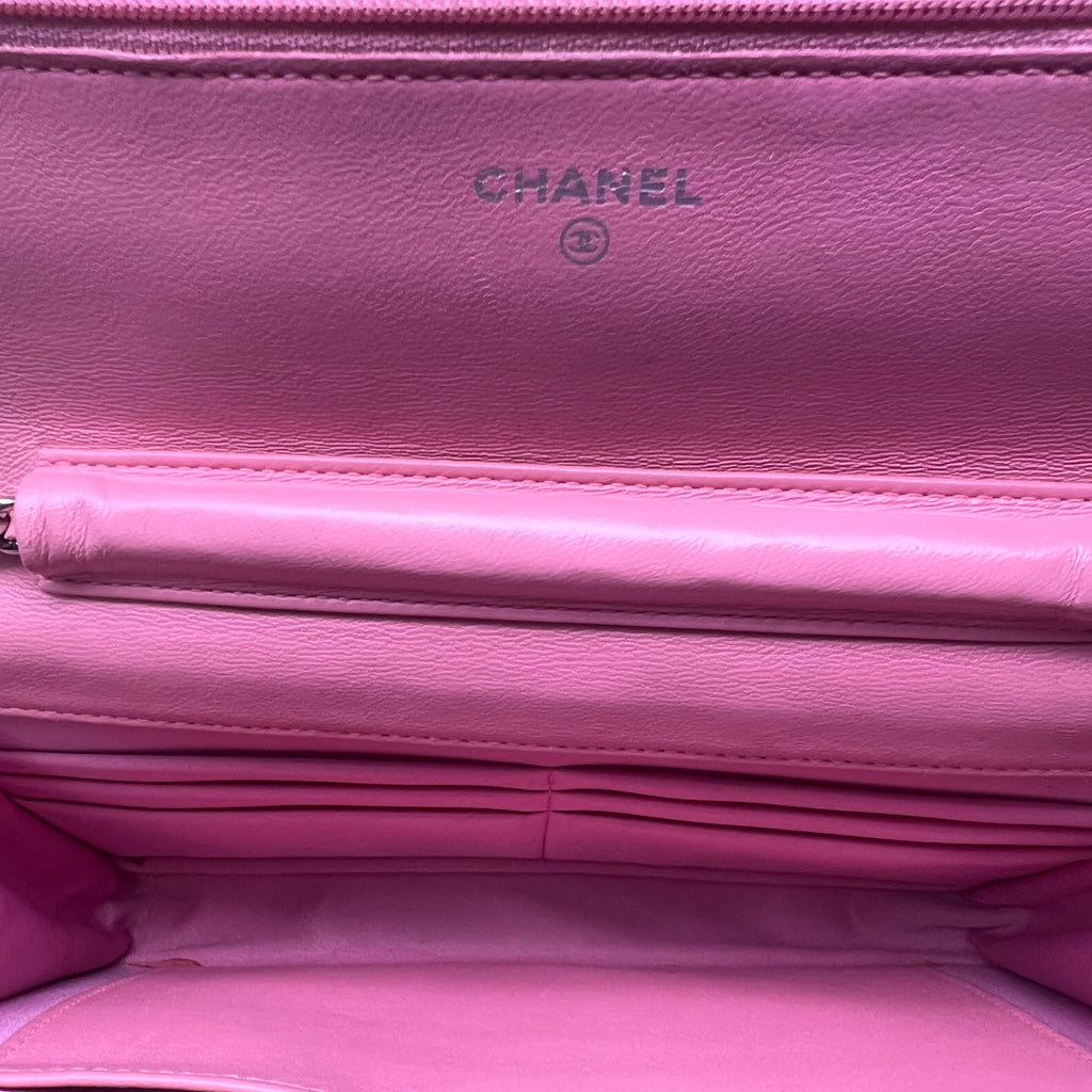 Lambskin Camellia Embossed Wallet On Chain WOC Pink