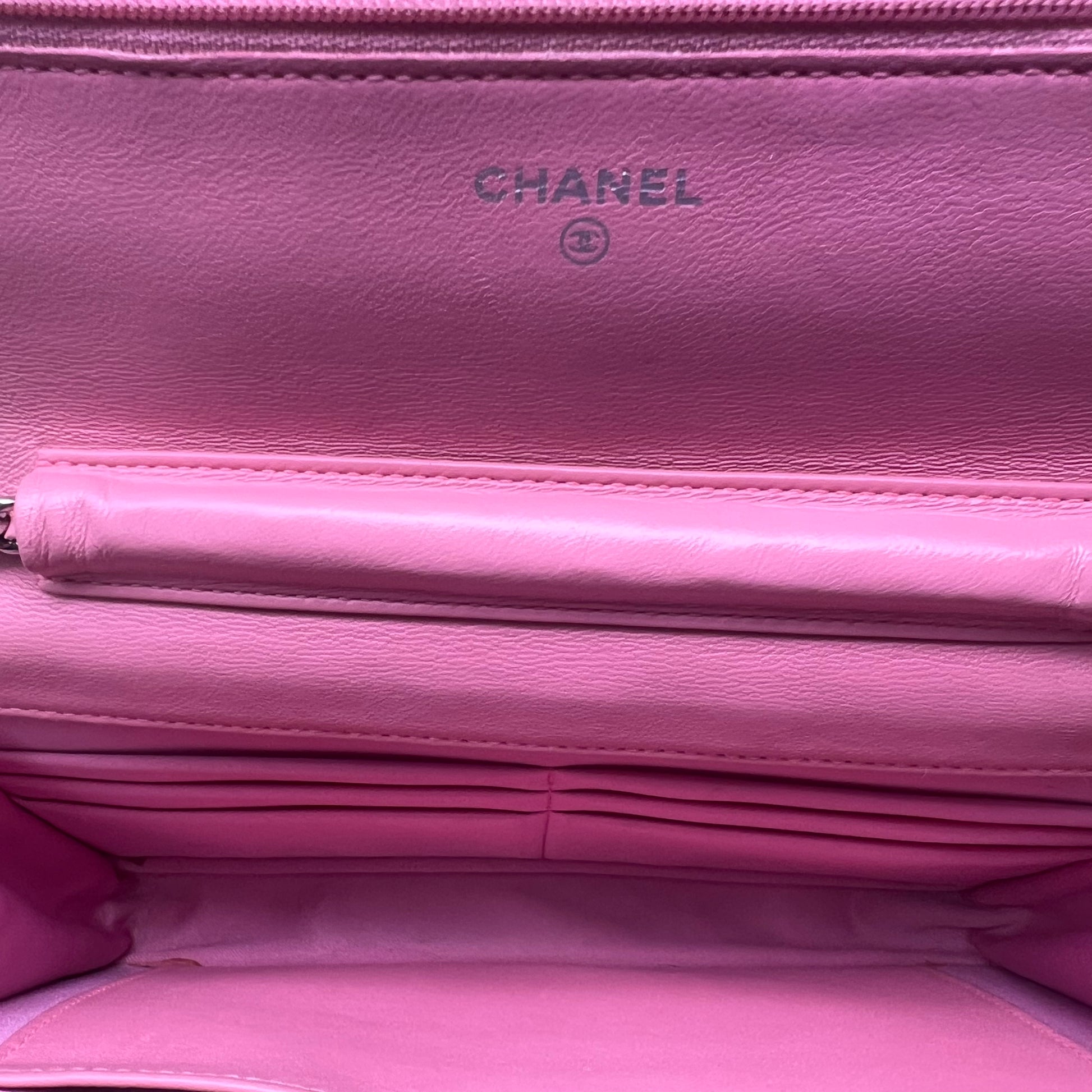 Lambskin Camellia Embossed Wallet On Chain WOC Pink