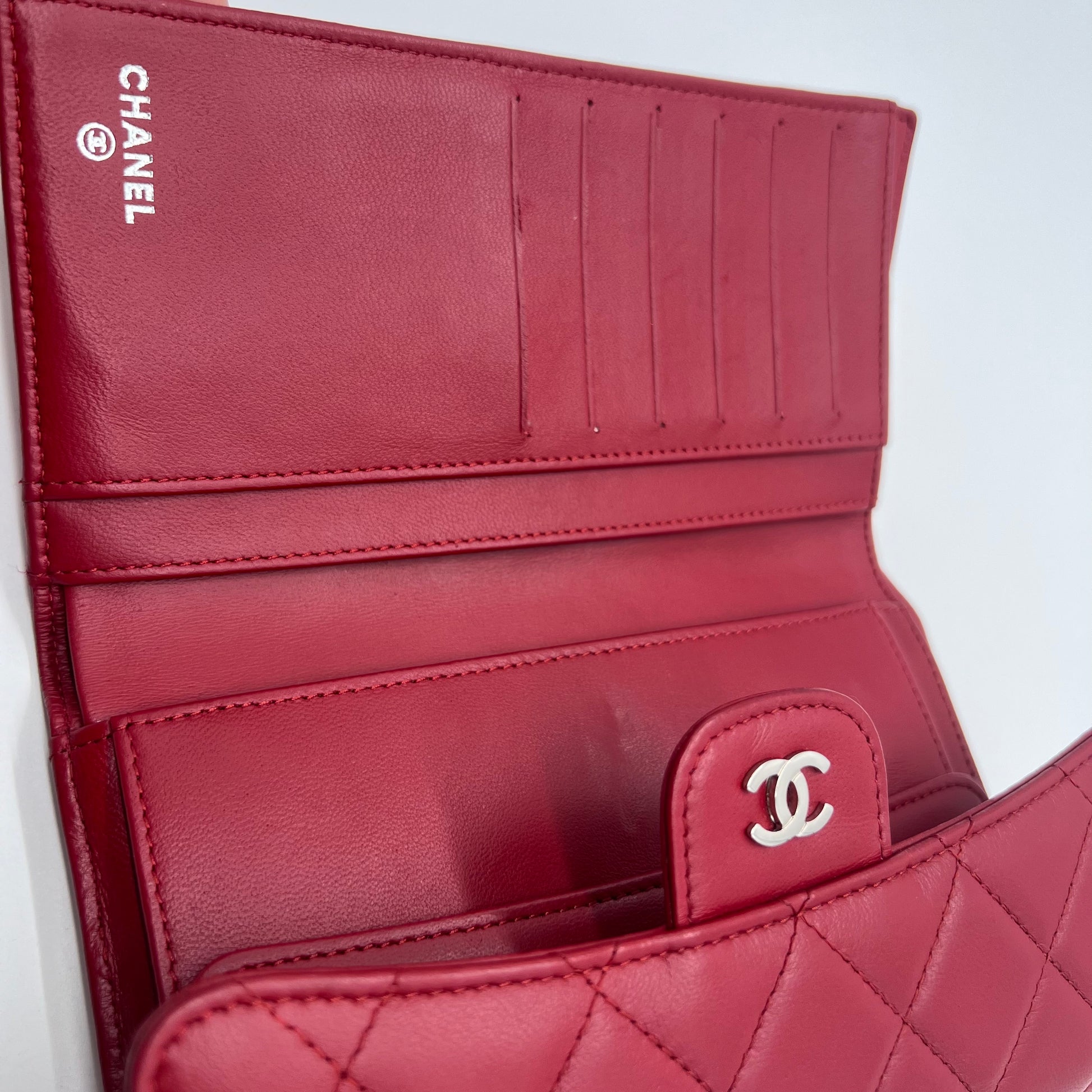 Flap Wallet, Red Lambskin with Silver Hardware
