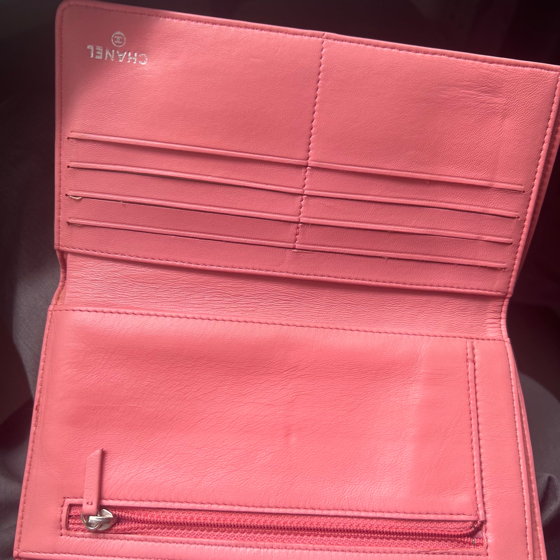 Pink Black Camellia Embossed Lambskin Leather L Flap Wallet