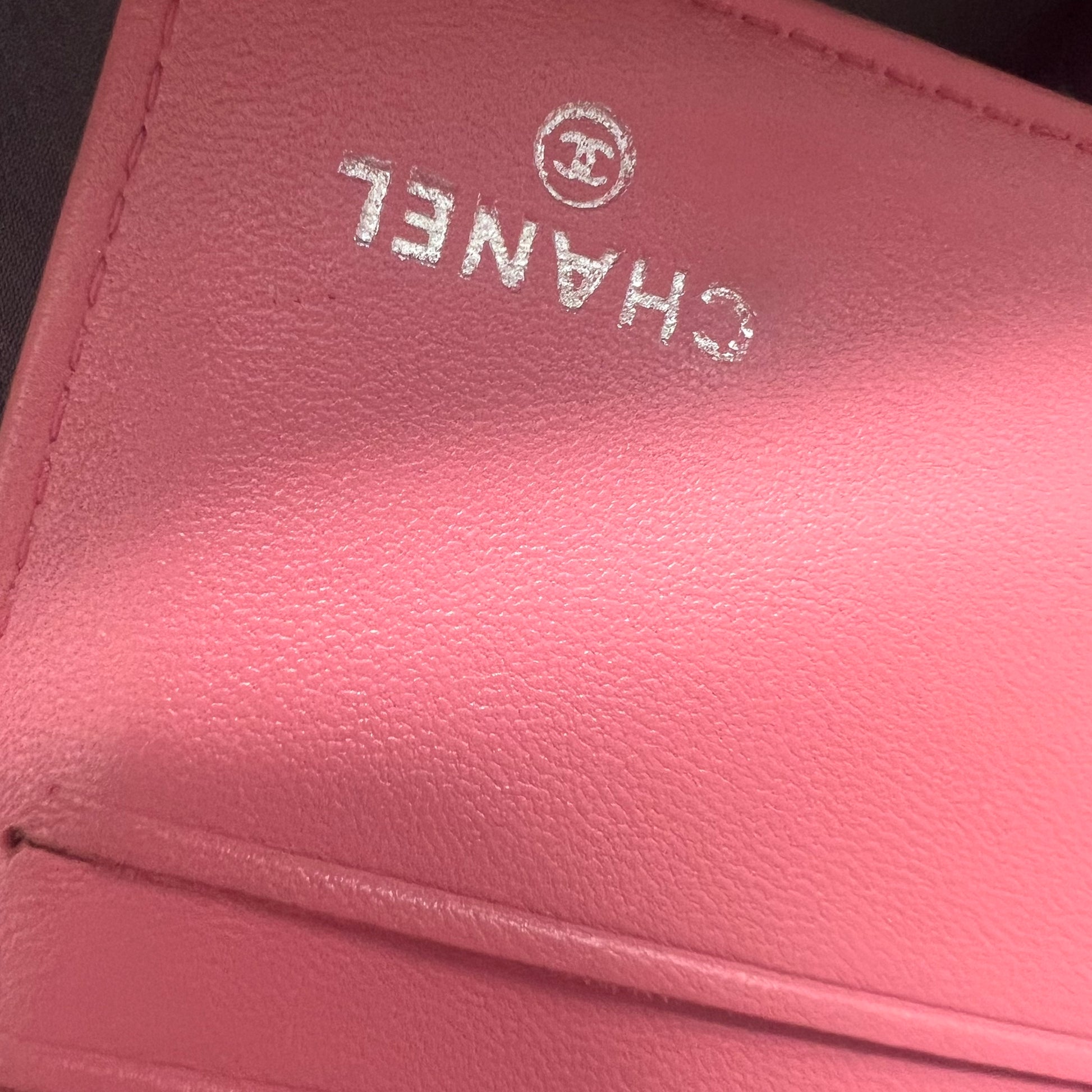 Pink Black Camellia Embossed Lambskin Leather L Flap Wallet