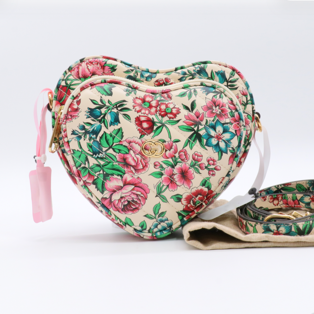 Multicolor Floral Printed Leather Interlocking G Heart Shoulder Bag twins