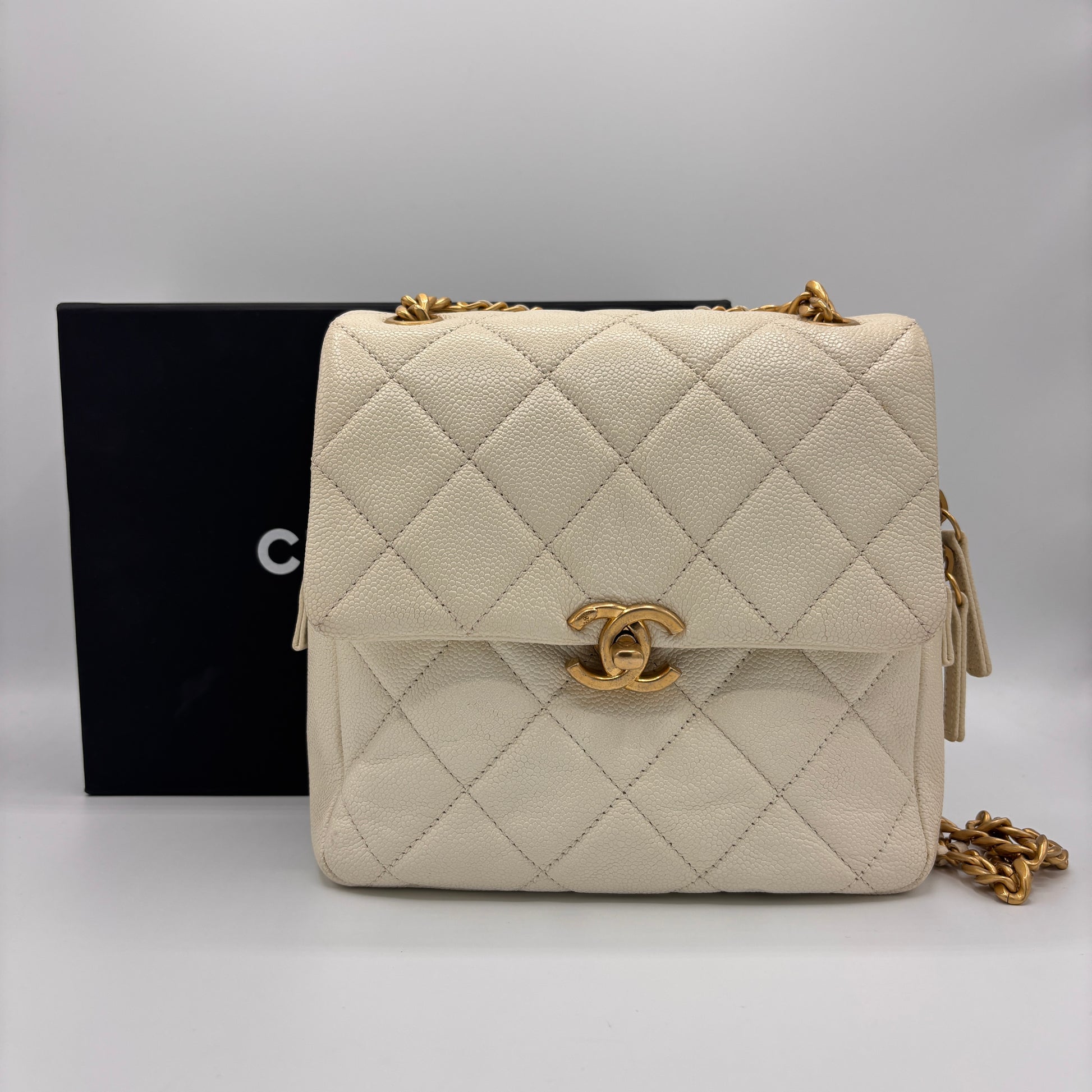 Chain Melody Flap Backpack Quilted Caviar Small