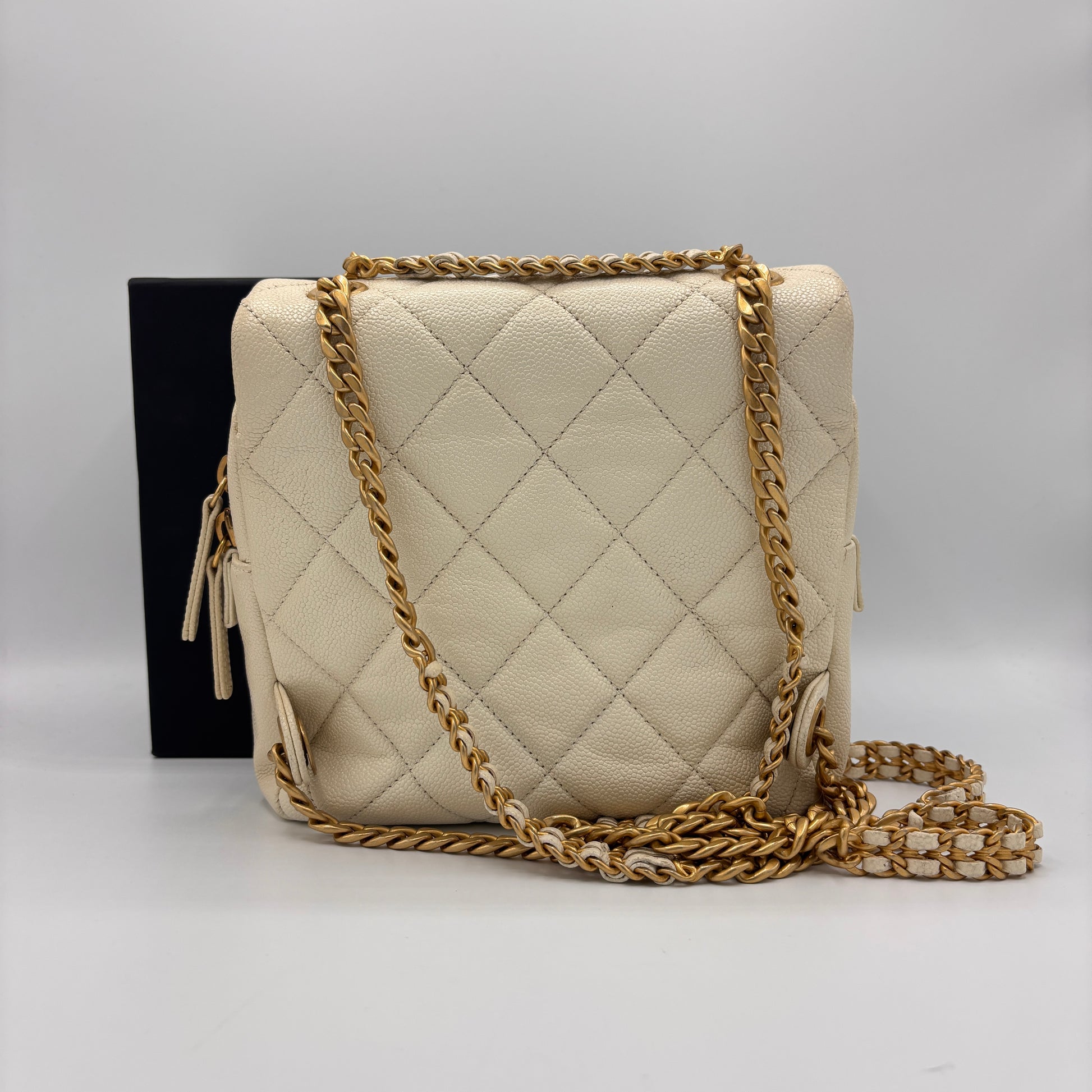 Chain Melody Flap Backpack Quilted Caviar Small