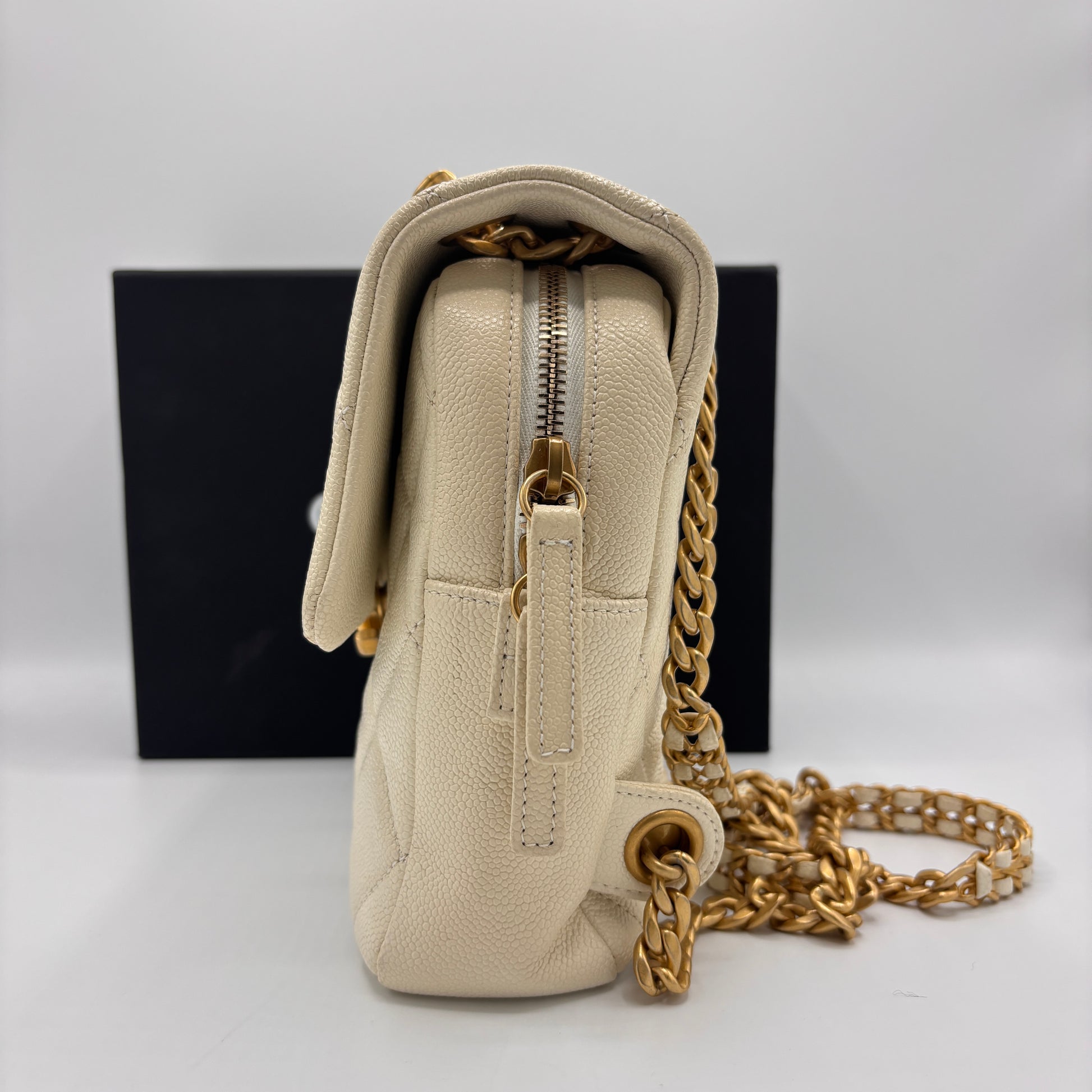 Chain Melody Flap Backpack Quilted Caviar Small