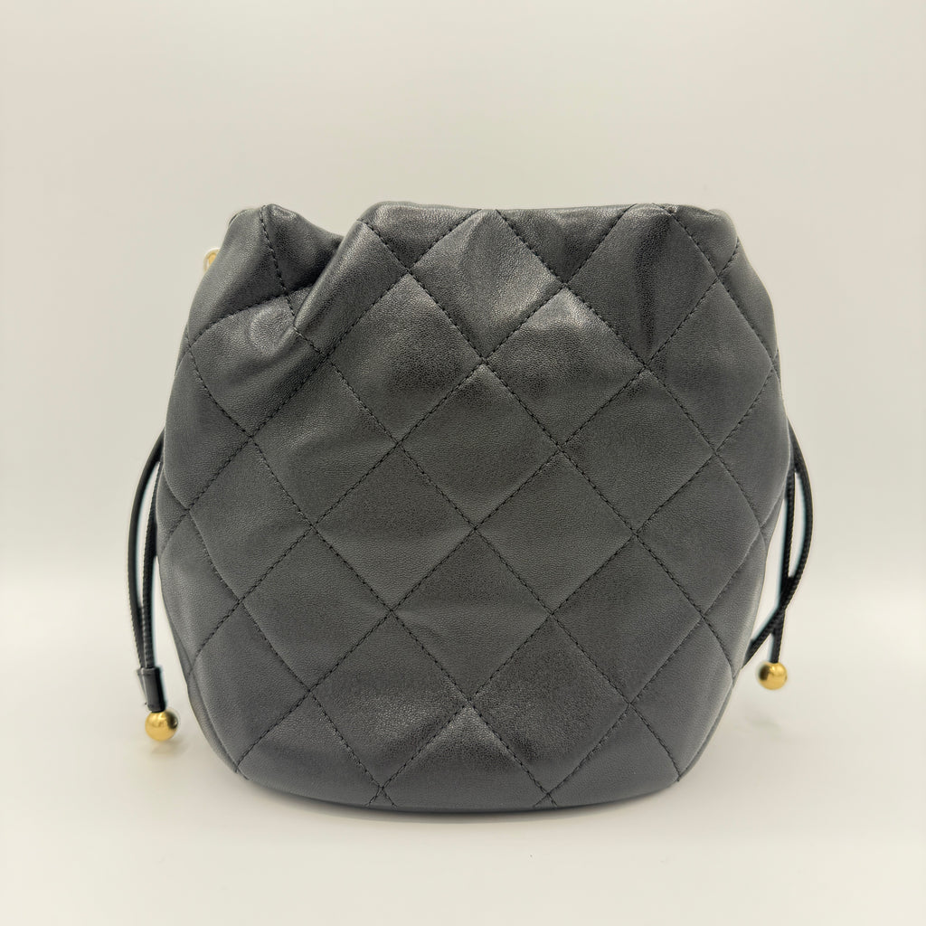 Entwined Chain Top Handle Drawstring Bucket Bag Quilted Shiny Lambskin Small