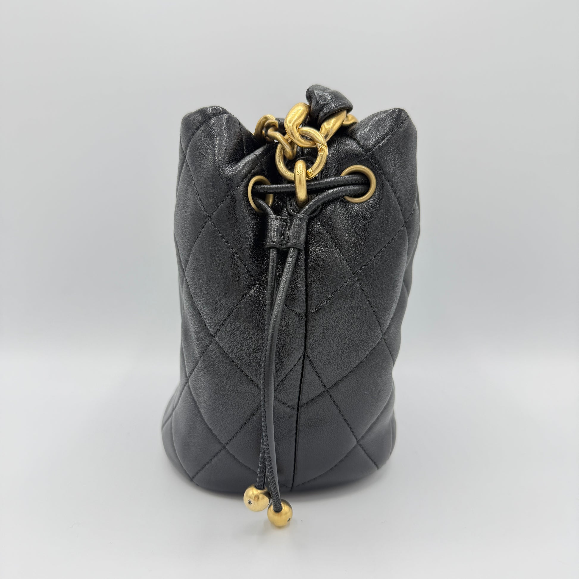 Entwined Chain Top Handle Drawstring Bucket Bag Quilted Shiny Lambskin Small