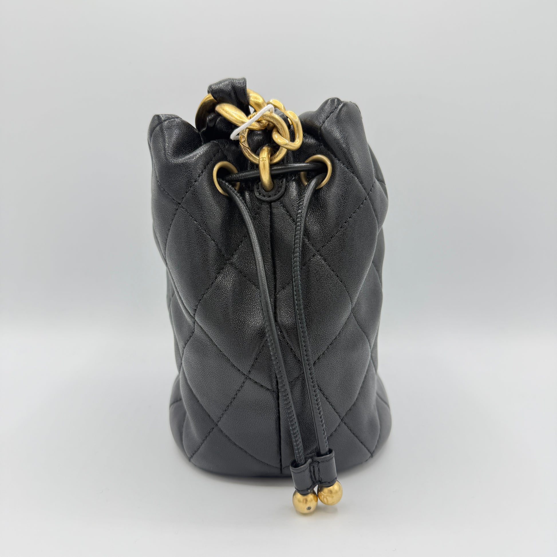 Entwined Chain Top Handle Drawstring Bucket Bag Quilted Shiny Lambskin Small