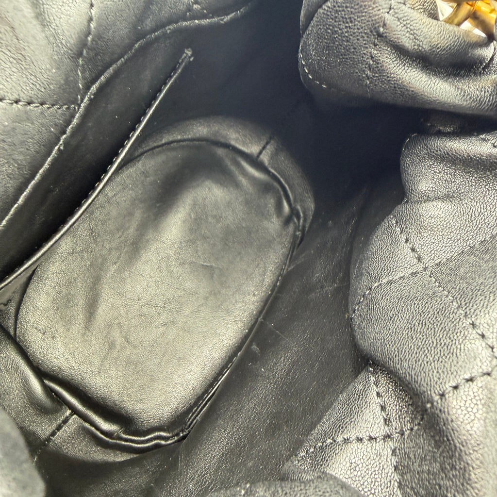 Entwined Chain Top Handle Drawstring Bucket Bag Quilted Shiny Lambskin Small