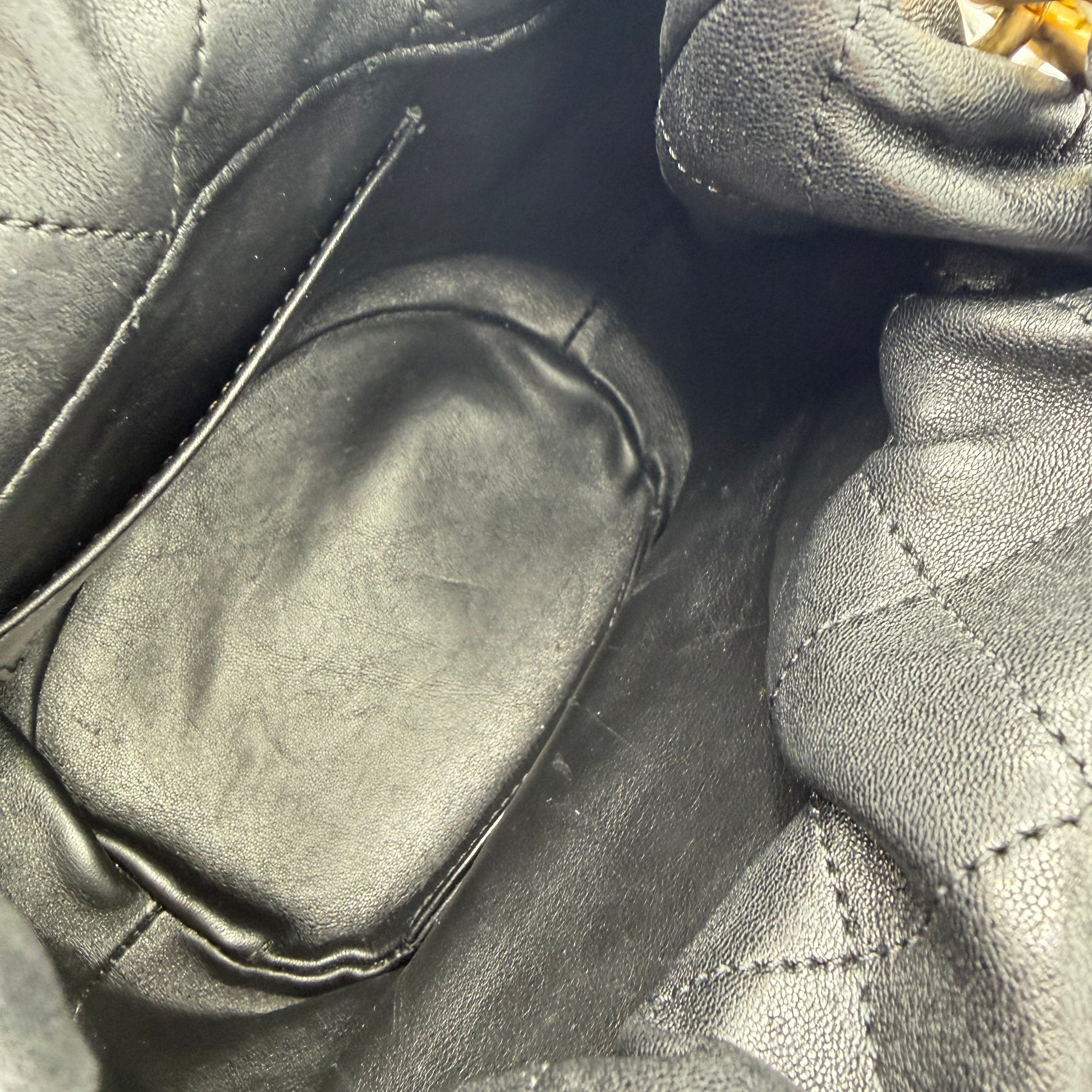 Entwined Chain Top Handle Drawstring Bucket Bag Quilted Shiny Lambskin Small