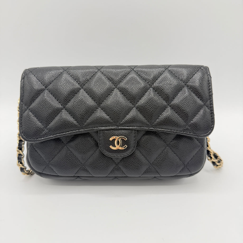 Caviar Quilted Flap Phone Holder With Chain Black