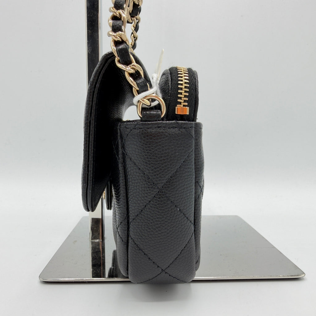 Caviar Quilted Flap Phone Holder With Chain Black