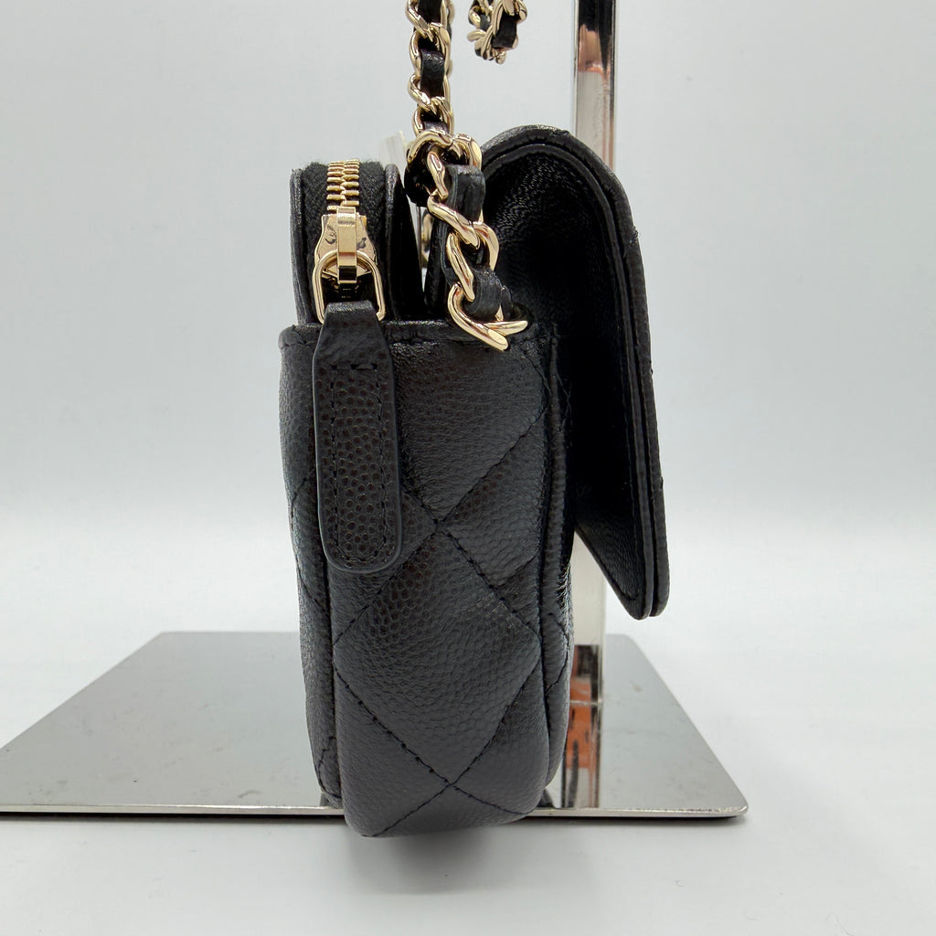 Caviar Quilted Flap Phone Holder With Chain Black