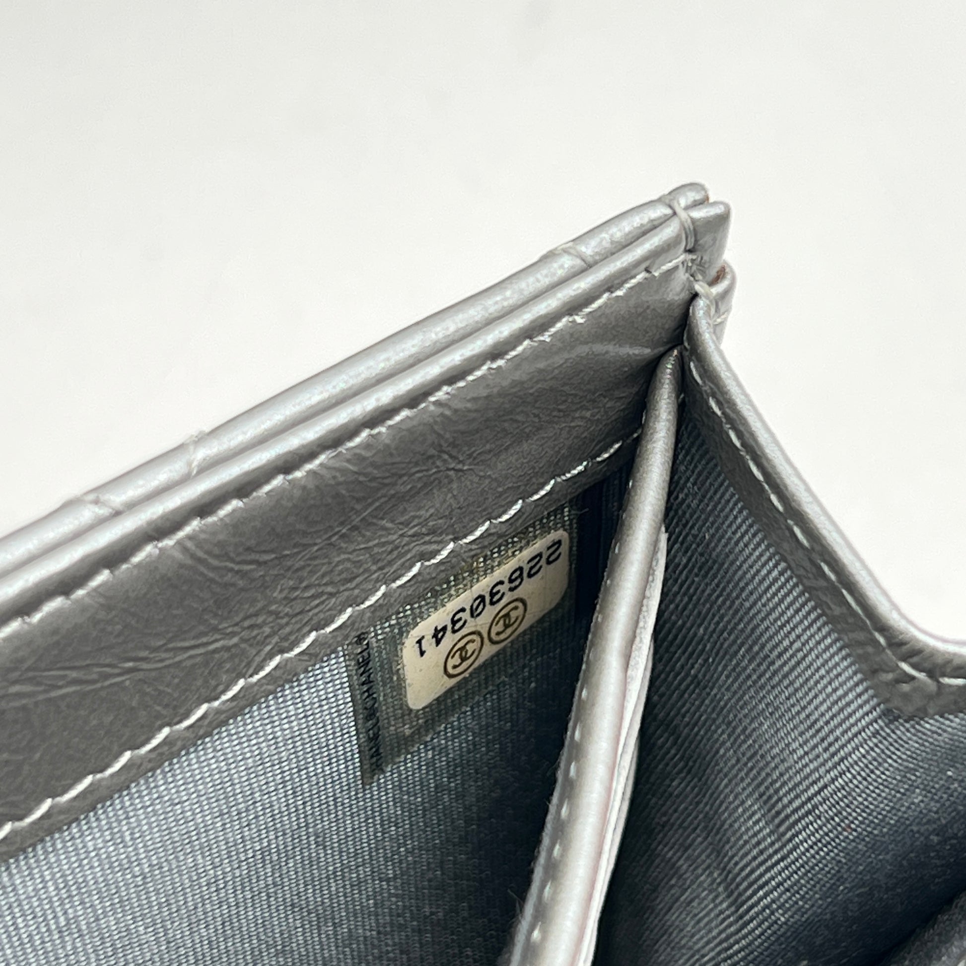 Chain Around Boy Flap Wallet Quilted Aged Calfskin Long Silver Twins