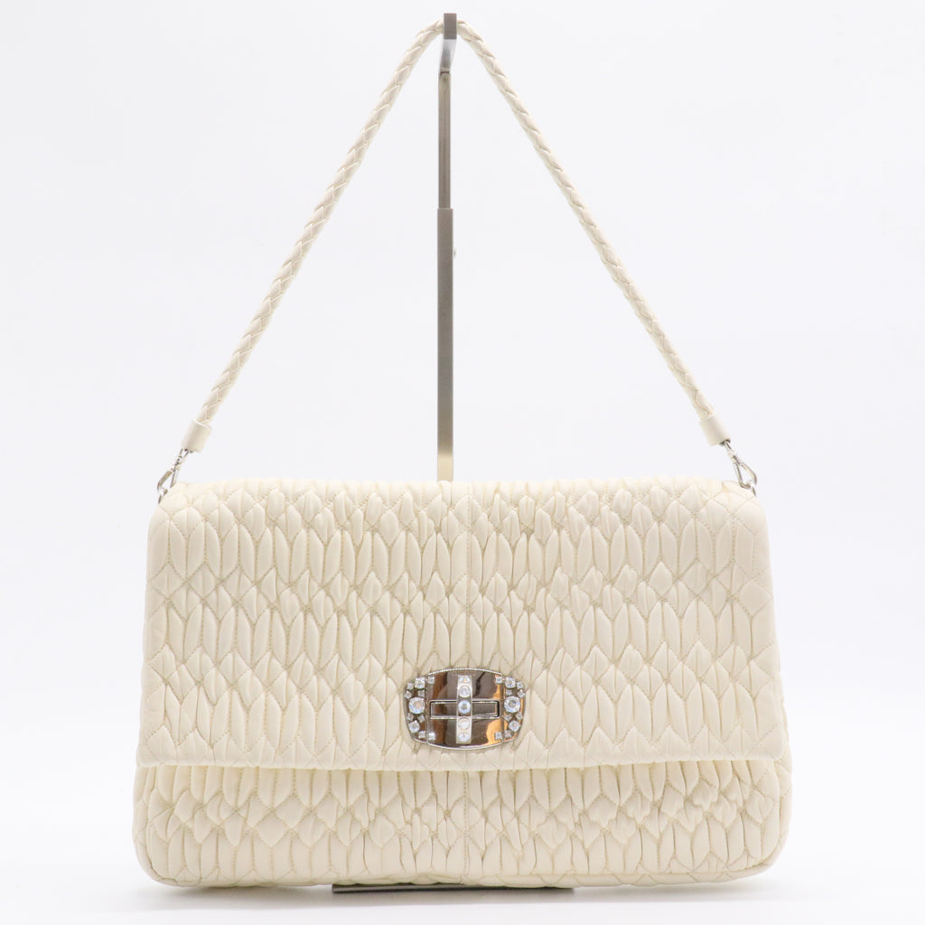 Off White Matelassé Leather Crystal Cloqué Flap Shoulder Bag