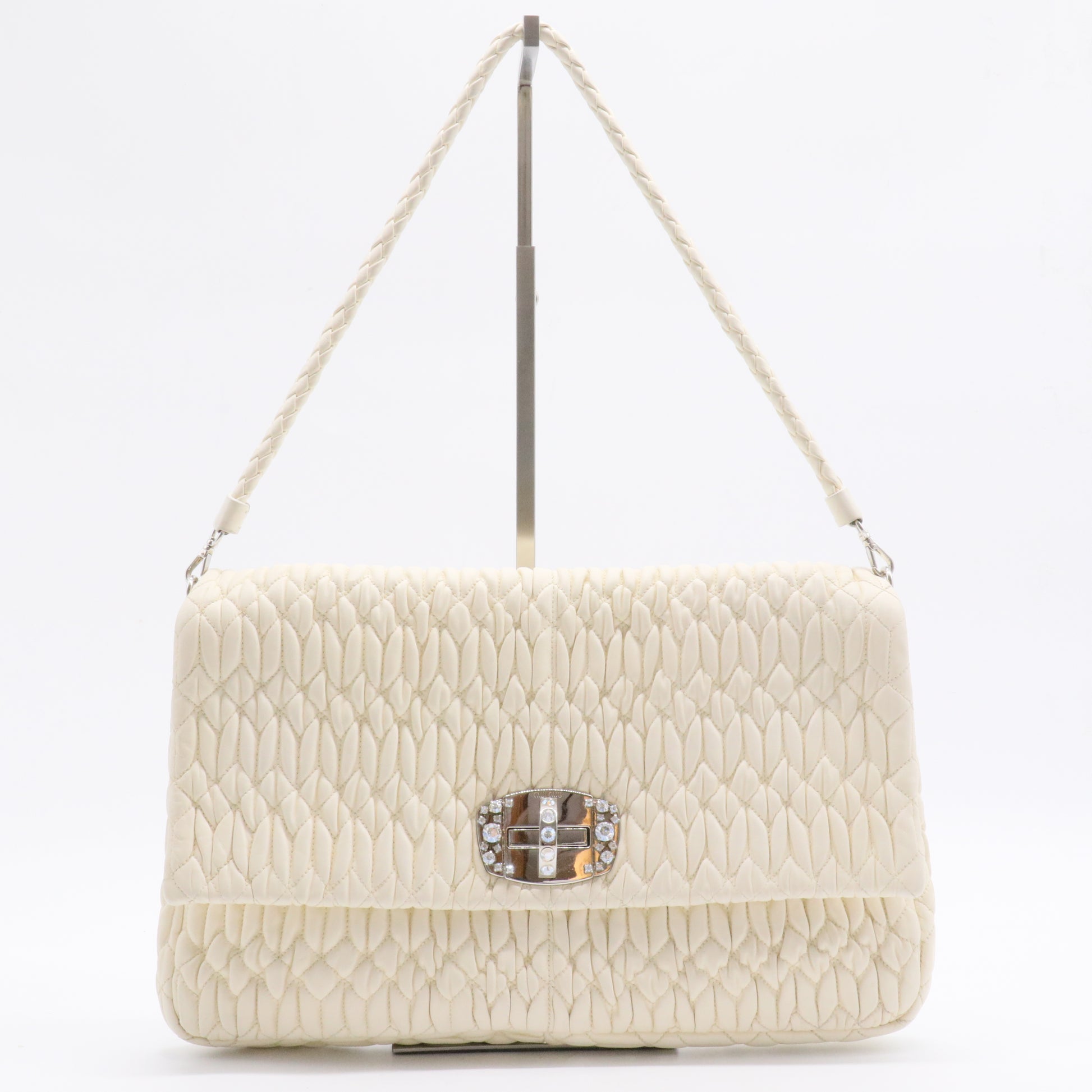 Off White Matelassé Leather Crystal Cloqué Flap Shoulder Bag
