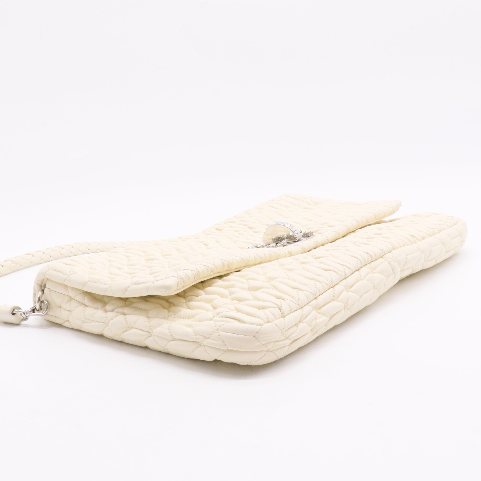 Off White Matelassé Leather Crystal Cloqué Flap Shoulder Bag