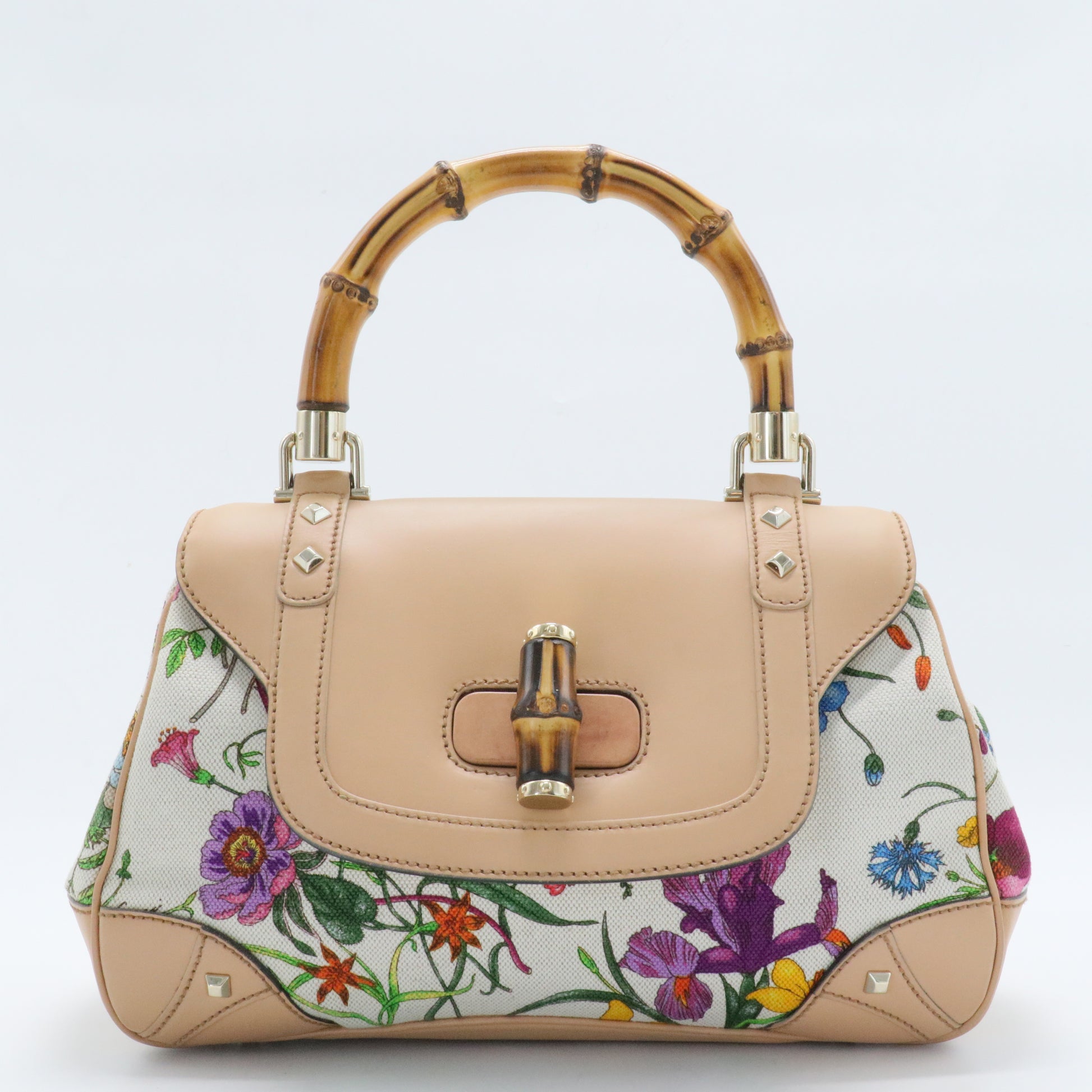 Beaded Flora Bamboo Top Handle Bag