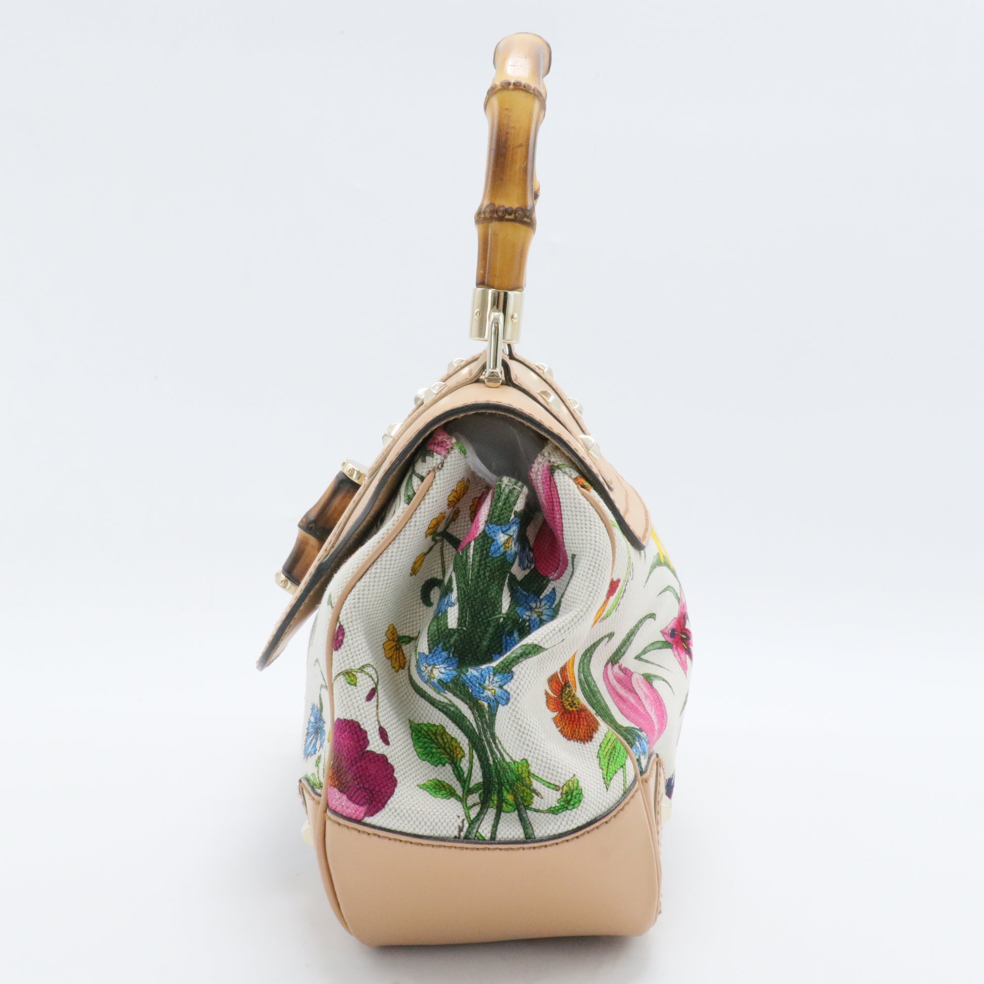 Beaded Flora Bamboo Top Handle Bag
