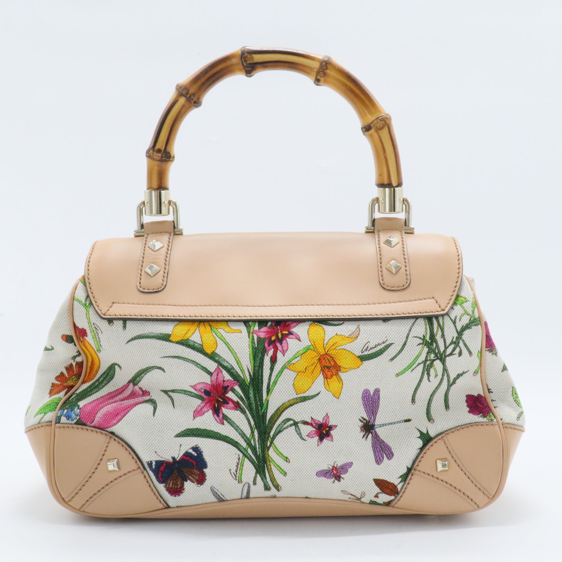 Beaded Flora Bamboo Top Handle Bag