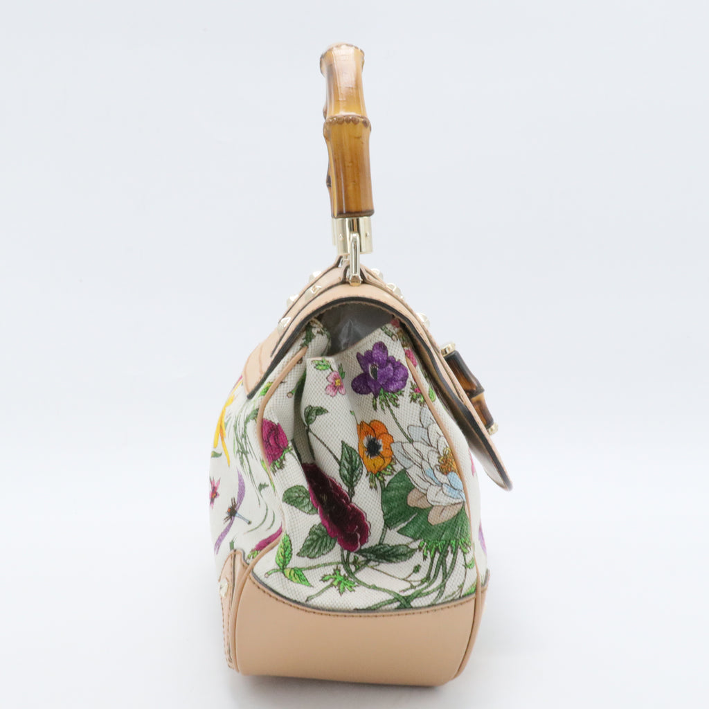 Beaded Flora Bamboo Top Handle Bag