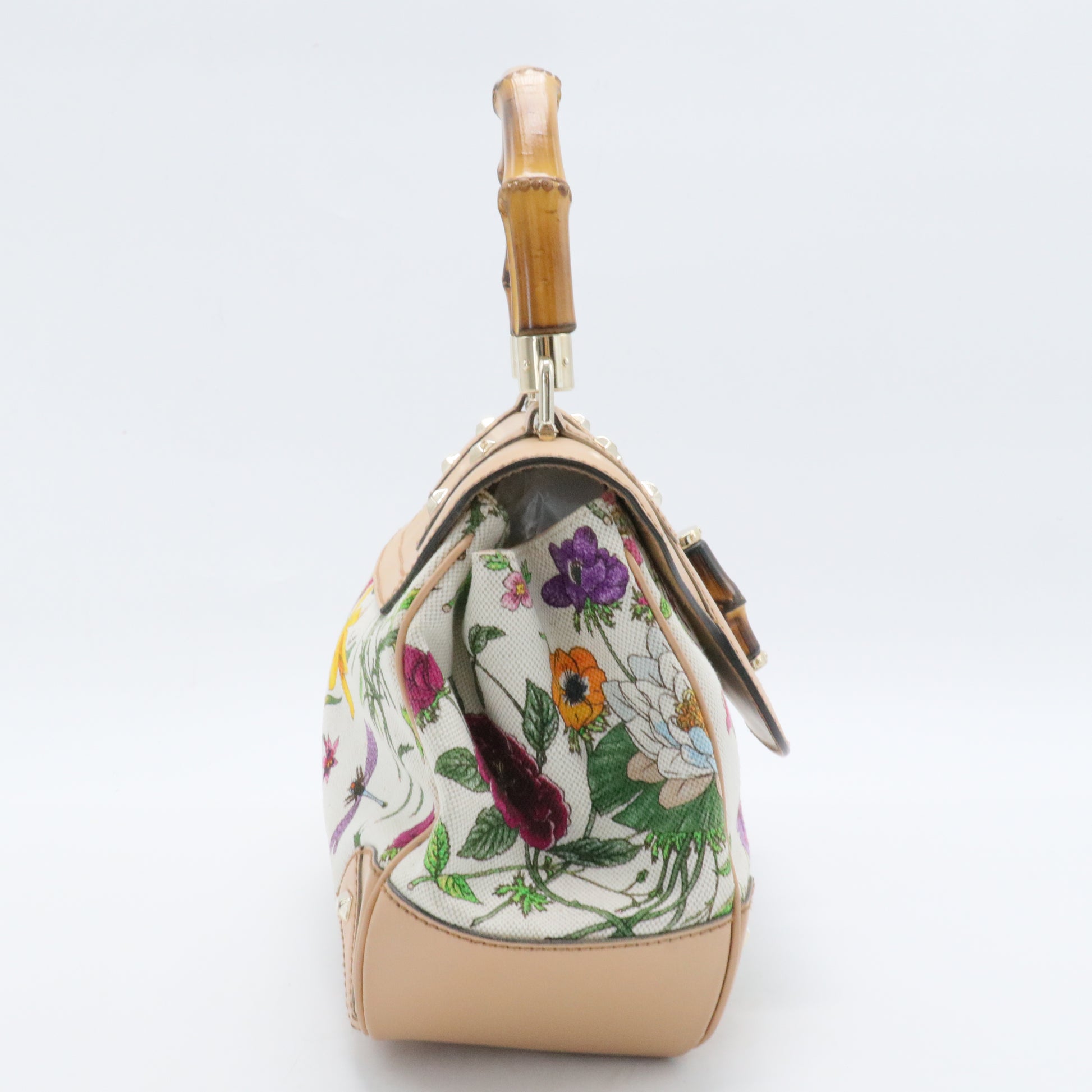 Beaded Flora Bamboo Top Handle Bag