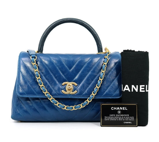 Blue Chevron Quilted Aged Calfskin and Lizard Coco Top Handle Aged Gold Hardware - twins