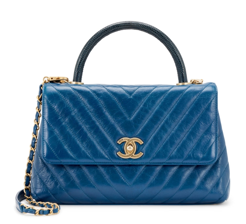 Blue Chevron Quilted Aged Calfskin and Lizard Coco Top Handle Aged Gold Hardware - twins