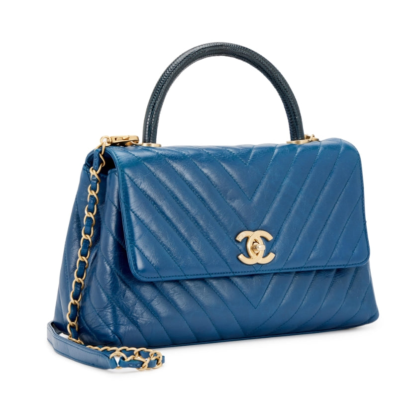 Blue Chevron Quilted Aged Calfskin and Lizard Coco Top Handle Aged Gold Hardware - twins