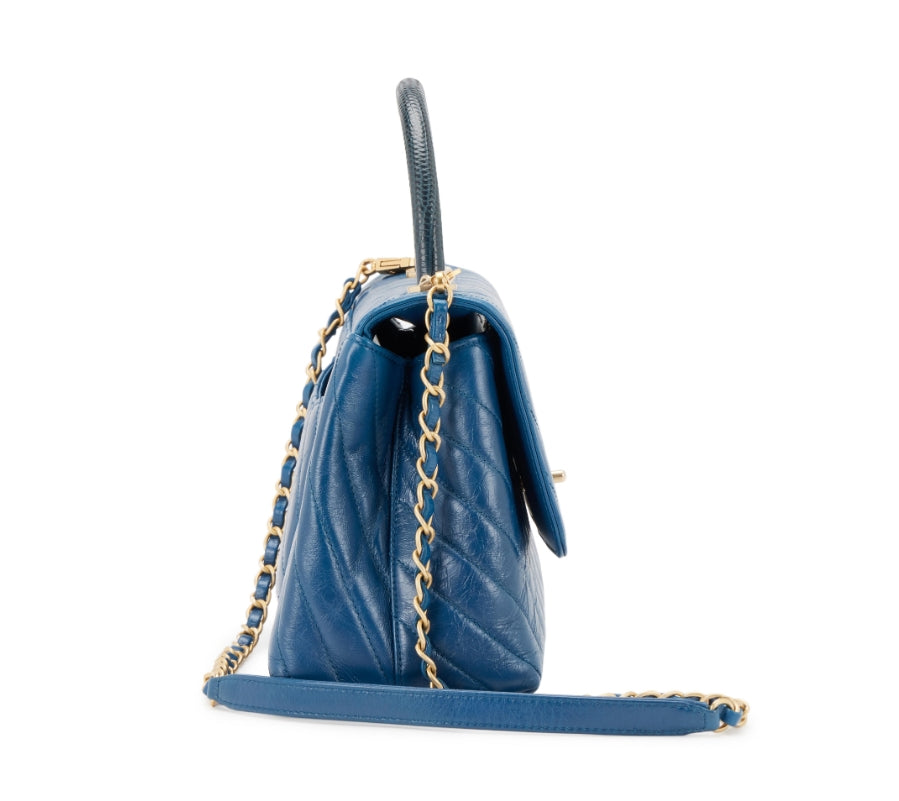 Blue Chevron Quilted Aged Calfskin and Lizard Coco Top Handle Aged Gold Hardware - twins