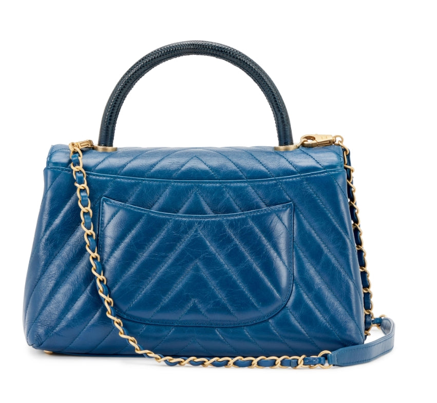 Blue Chevron Quilted Aged Calfskin and Lizard Coco Top Handle Aged Gold Hardware - twins