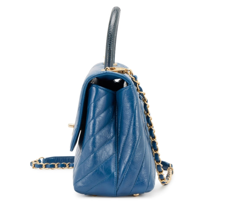 Blue Chevron Quilted Aged Calfskin and Lizard Coco Top Handle Aged Gold Hardware - twins
