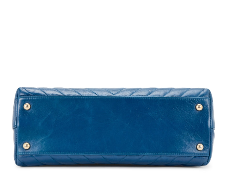 Blue Chevron Quilted Aged Calfskin and Lizard Coco Top Handle Aged Gold Hardware - twins