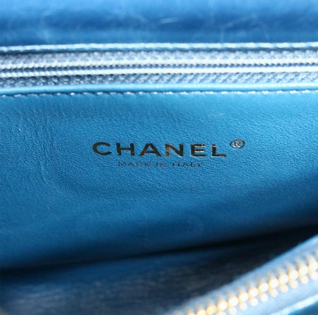 Blue Chevron Quilted Aged Calfskin and Lizard Coco Top Handle Aged Gold Hardware - twins