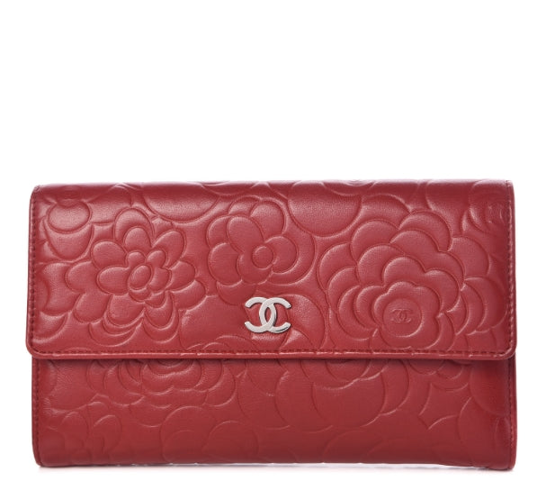 Lambskin Embossed Camellia Large Gusset Flap Wallet Red twins