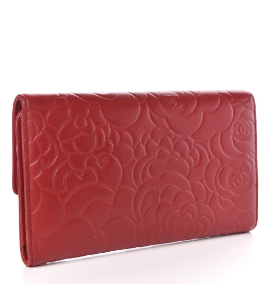 Lambskin Embossed Camellia Large Gusset Flap Wallet Red twins
