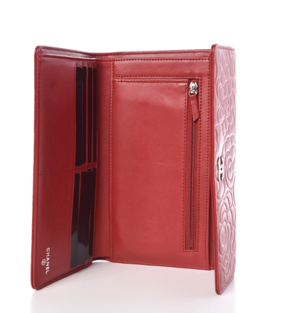 Lambskin Embossed Camellia Large Gusset Flap Wallet Red twins