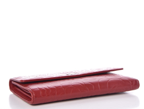 Lambskin Embossed Camellia Large Gusset Flap Wallet Red twins
