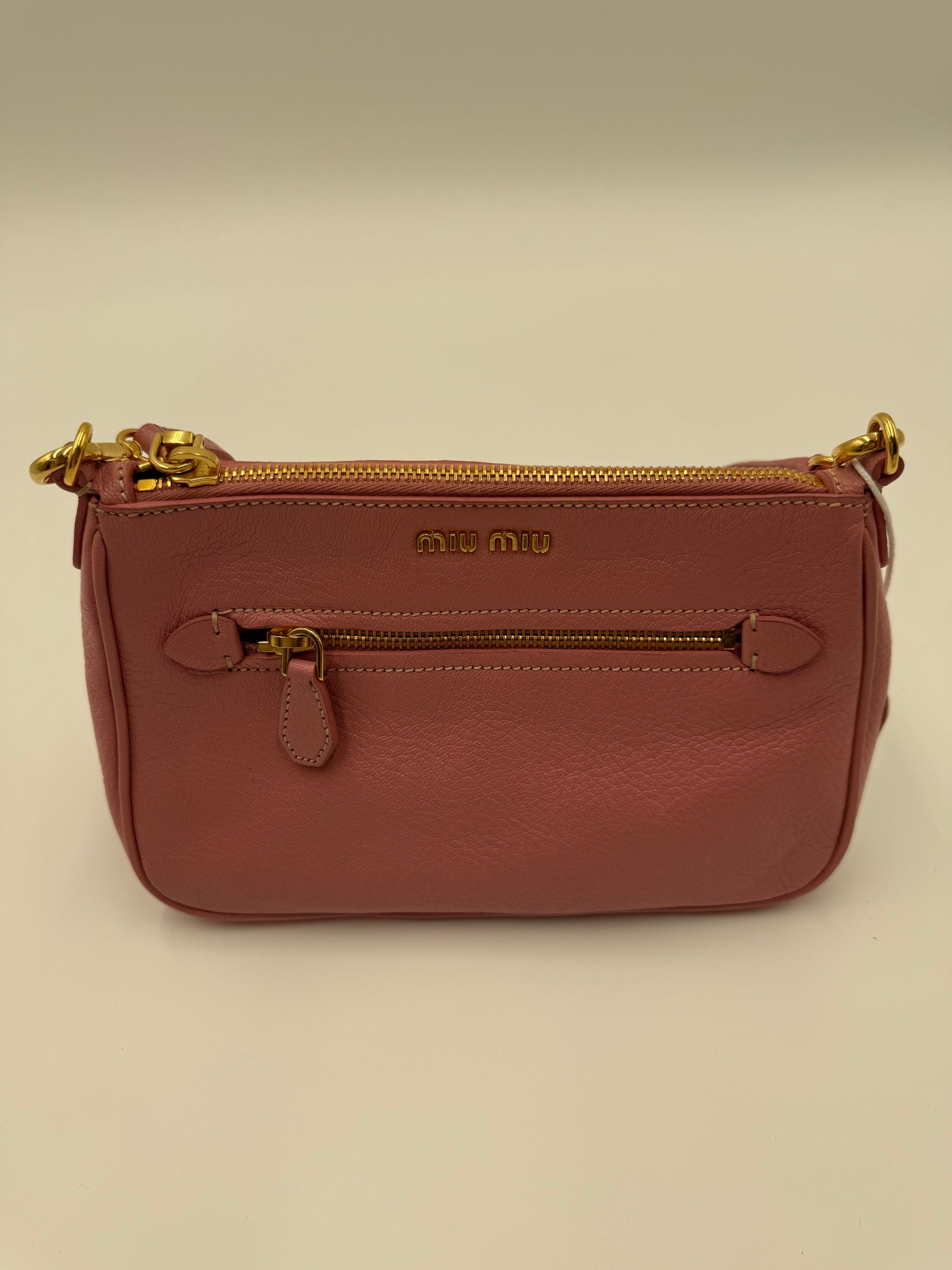 MIU MIU Leather Double Zip Crossbody Bag Pink