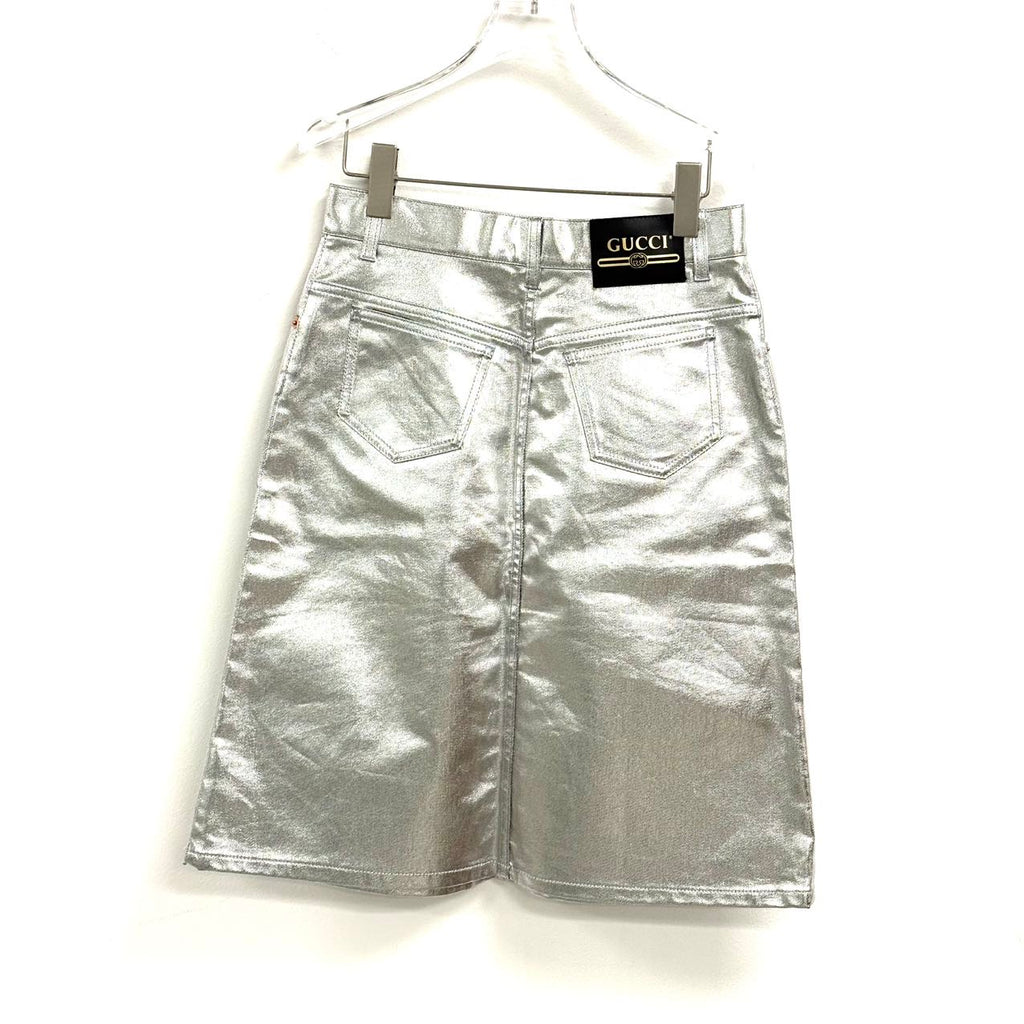 Gucci metallic silver leather midi skirt.