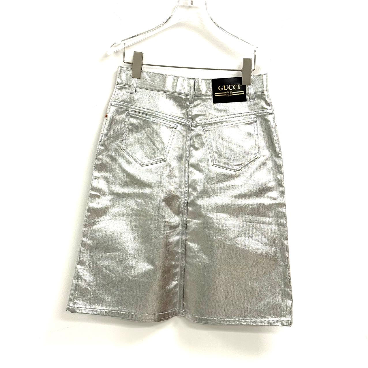 Gucci metallic silver leather midi skirt.