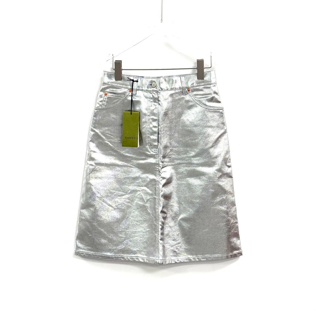Gucci metallic silver leather midi skirt.