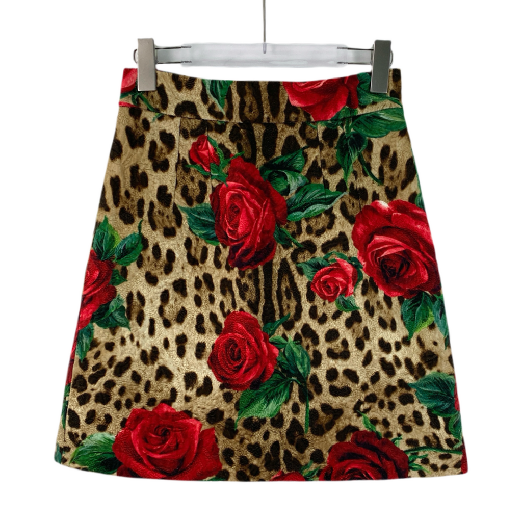 Dolce & Gabbana Brown Rose and Leopard Print Jacquard Mini Skirt S