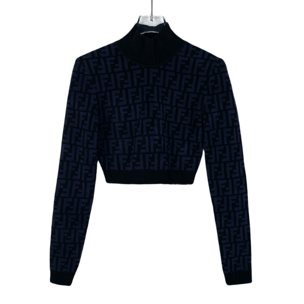 Fendi Navy Blue/Black FF Monogram Knit Crop Top M