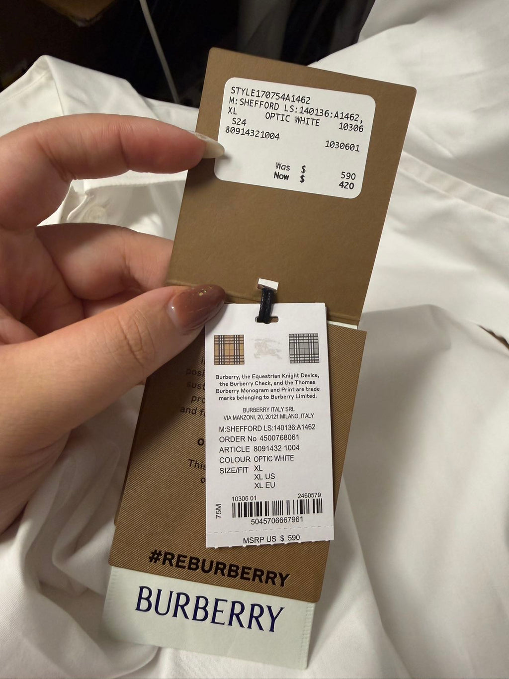 Pre-owned Burberry Shefford Long-Sleeve Shirt (Optic White size xl)