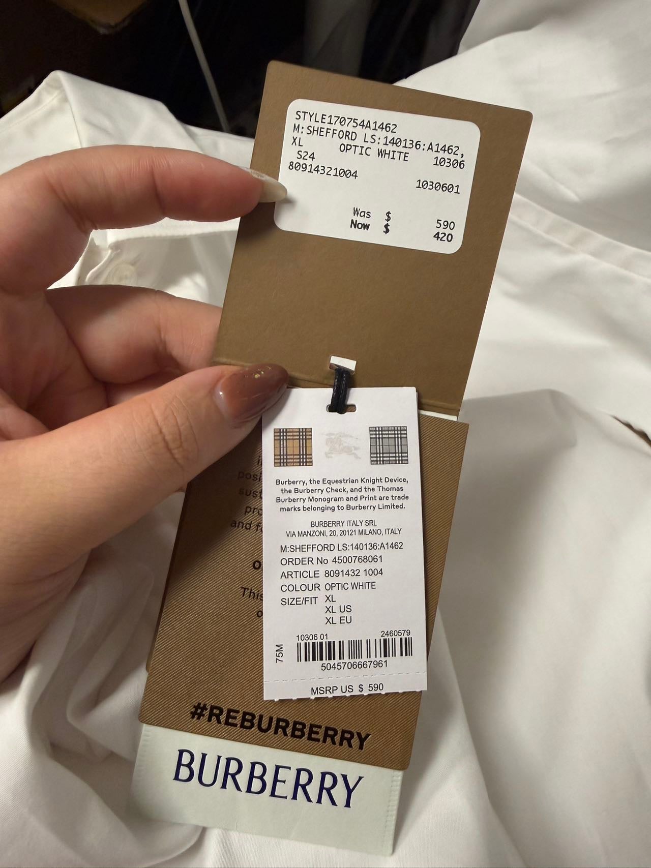 Pre-owned Burberry Shefford Long-Sleeve Shirt (Optic White size xl)