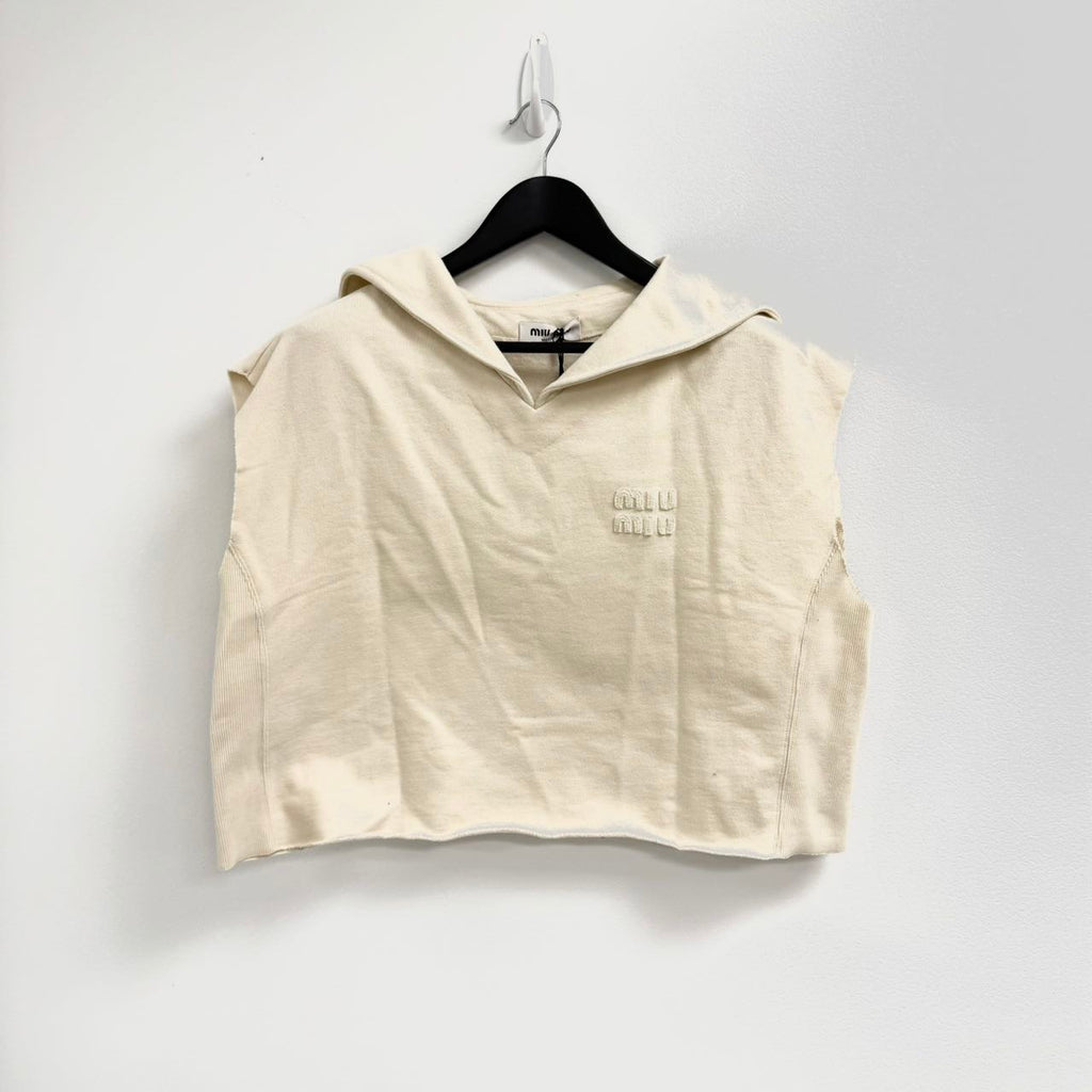 Miu Miu Spring 2022 cream logo sleeveless hoodie. L