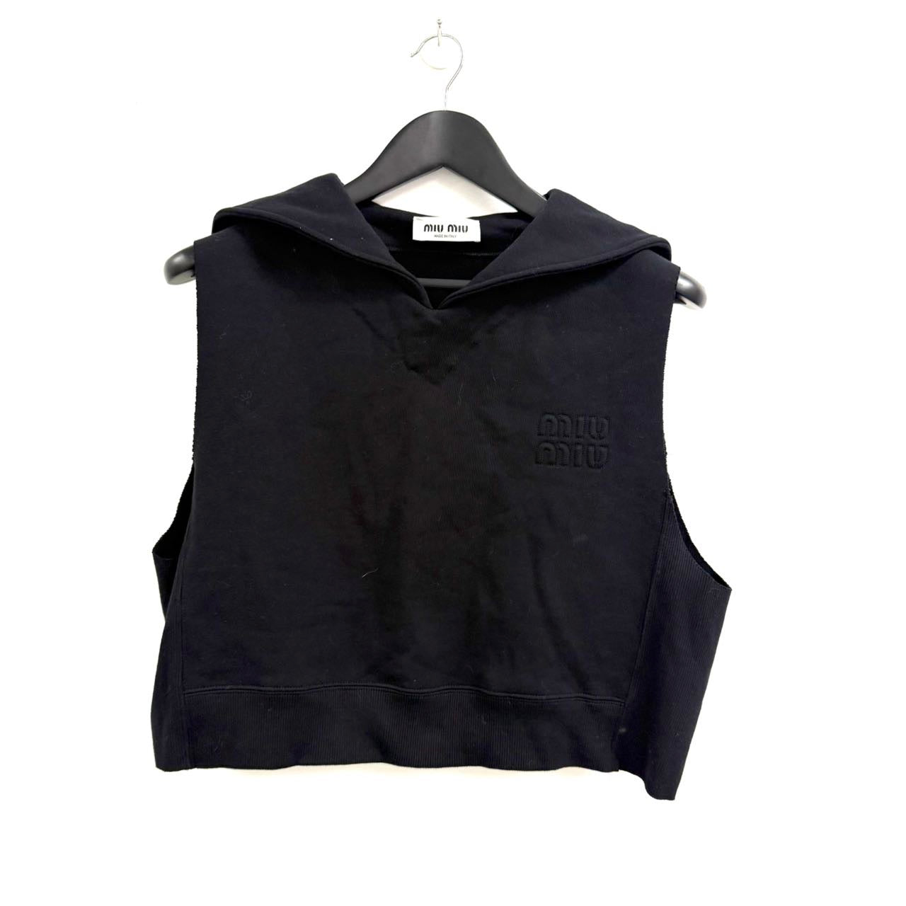 black Miu Miu sleeveless cotton sweatshirt with a sailor collar and embroidered logo.