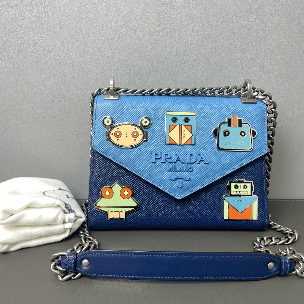 Prada Saffiano Cuir Monochrome Robot Patches Envelope Chain Flap Shoulder Bag LDZ0011